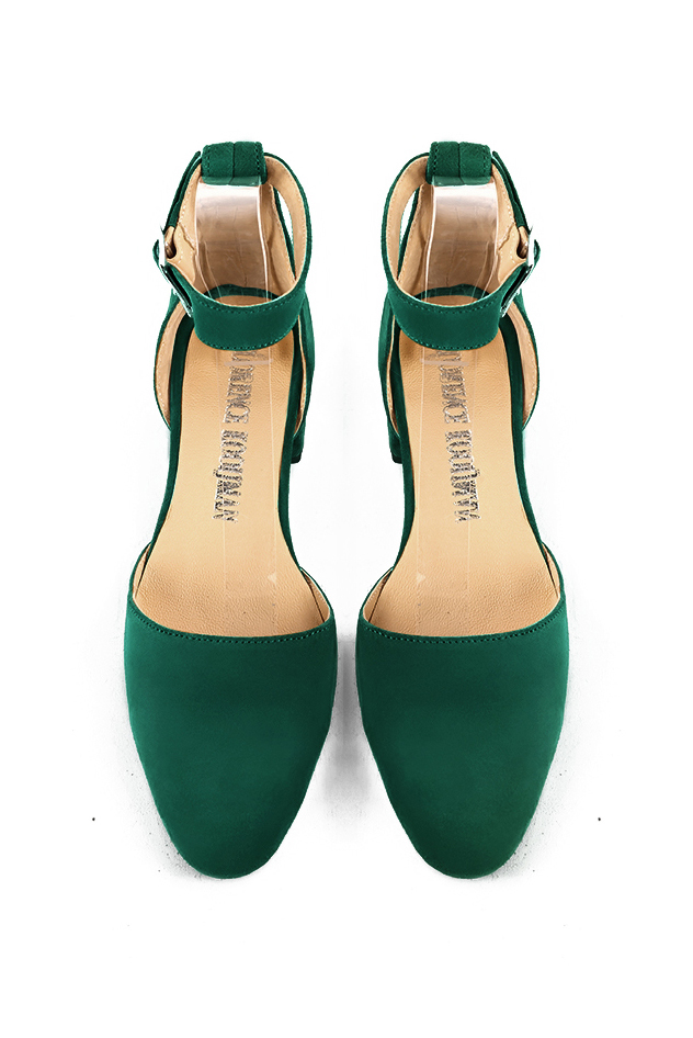 Women's emerald green open side dress shoes, with a strap around the ankle. Round toe. Low block heels - Top view